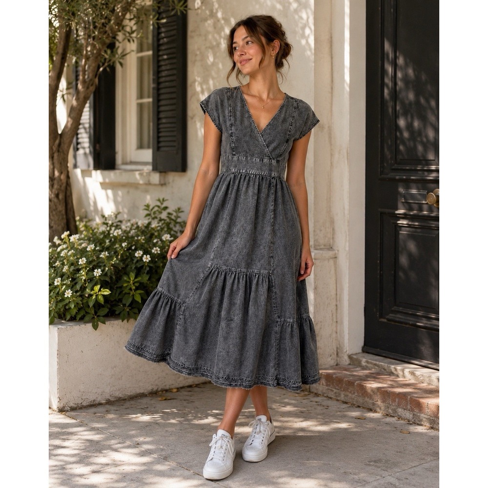 Pilcro Midi Denim Dress Womens 6 Gray Acid Wash Tiered Boho V-Neck Fit and Flare